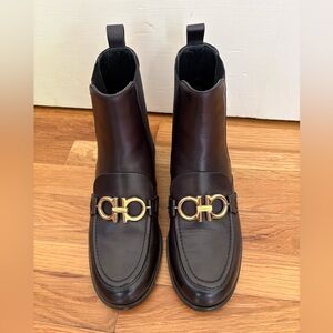Salvatore Ferragamo Black Leather Ankle Boots with Gold Accent